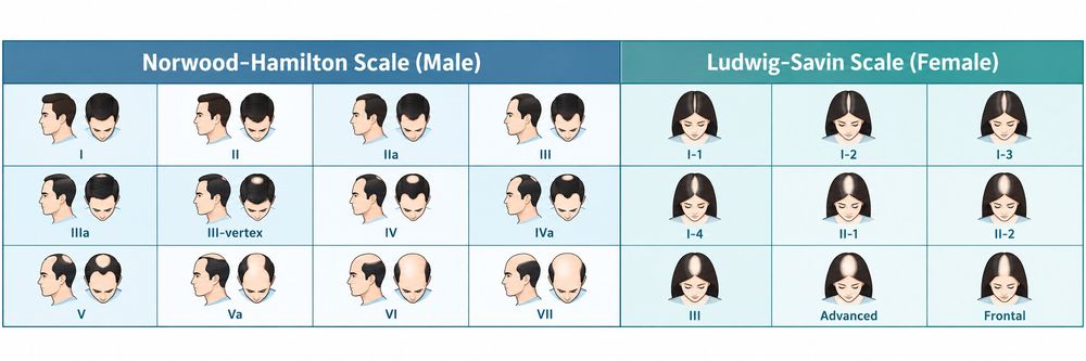 Hair-loss stages chart: Norwood–Hamilton scale for men and Ludwig–Savin scale for women