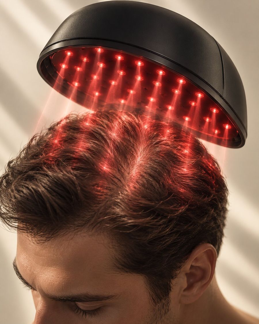 Illustration of a laser cap directing red light toward the scalp