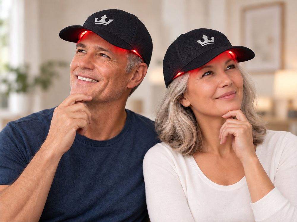 A man and woman wearing crown-logo laser caps in thoughtful poses