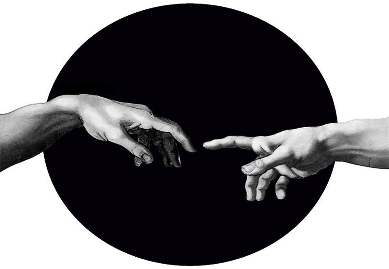 Two hands reaching toward each other against a black circle