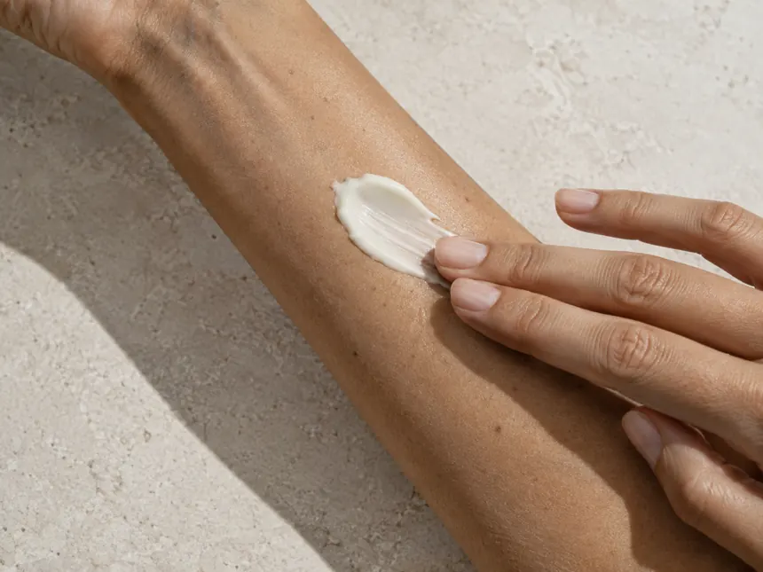 Cream application and natural skin texture campaign photograph