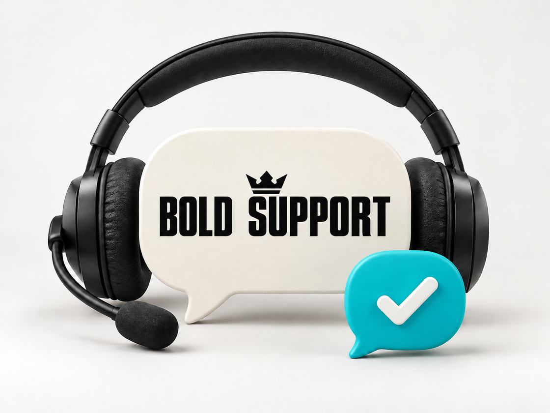 Crown and BOLD SUPPORT wordmark on a conversation bubble, surrounded by a support headset and a turquoise checkmark for helpful customer care