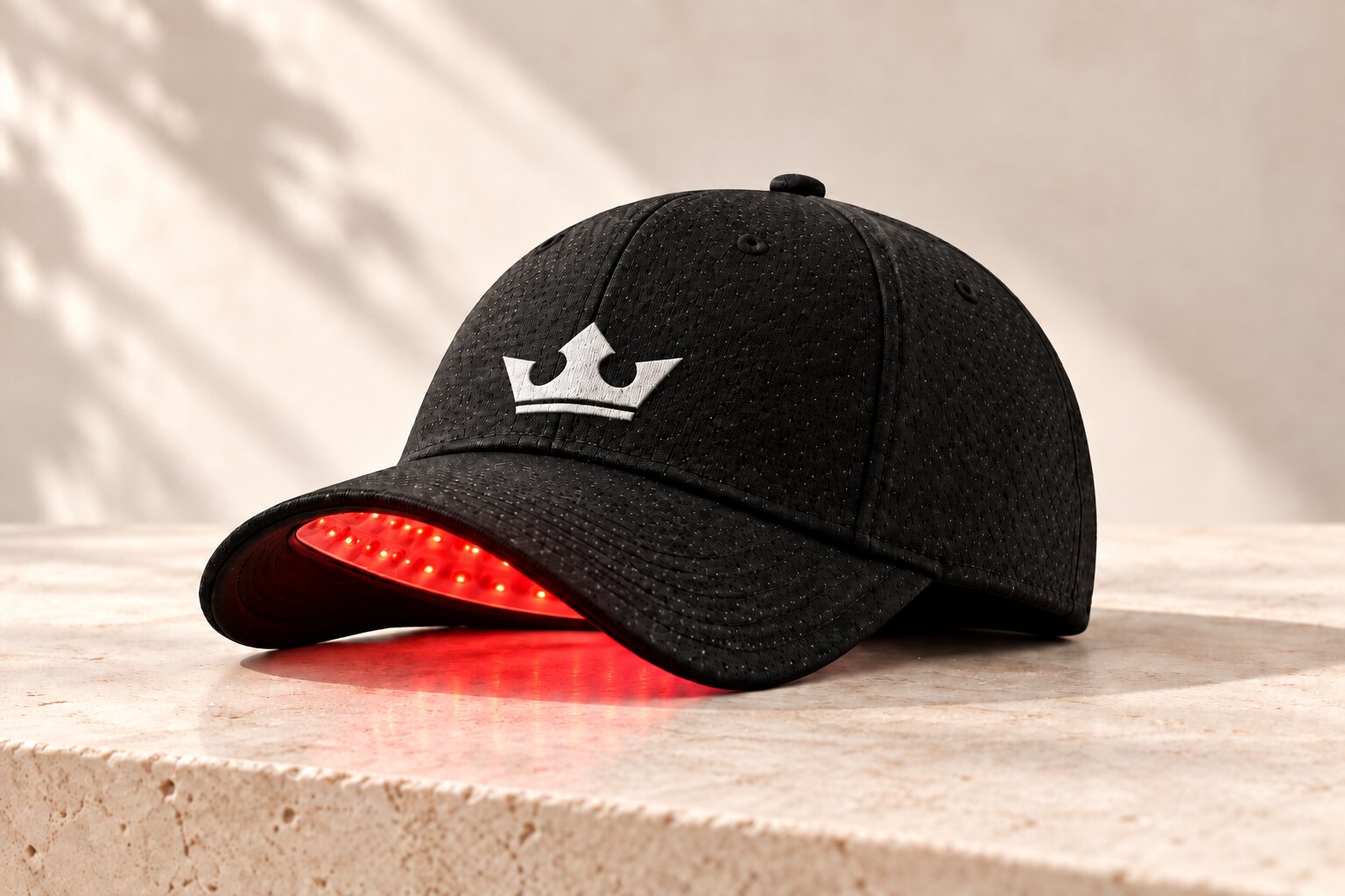 crown-branded black laser cap on a warm neutral surface