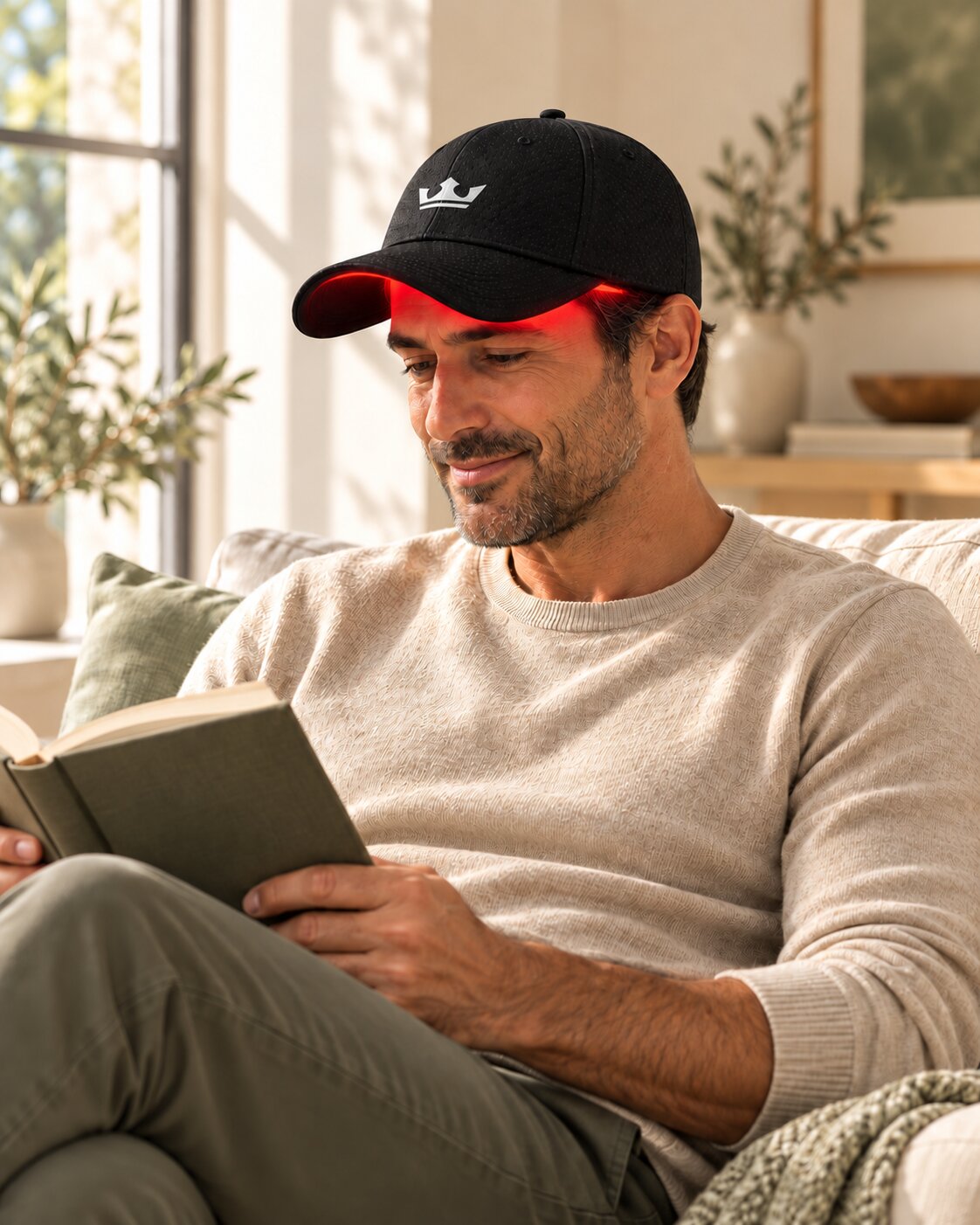 Lifestyle a man wearing a crown-branded black laser cap while reading at home