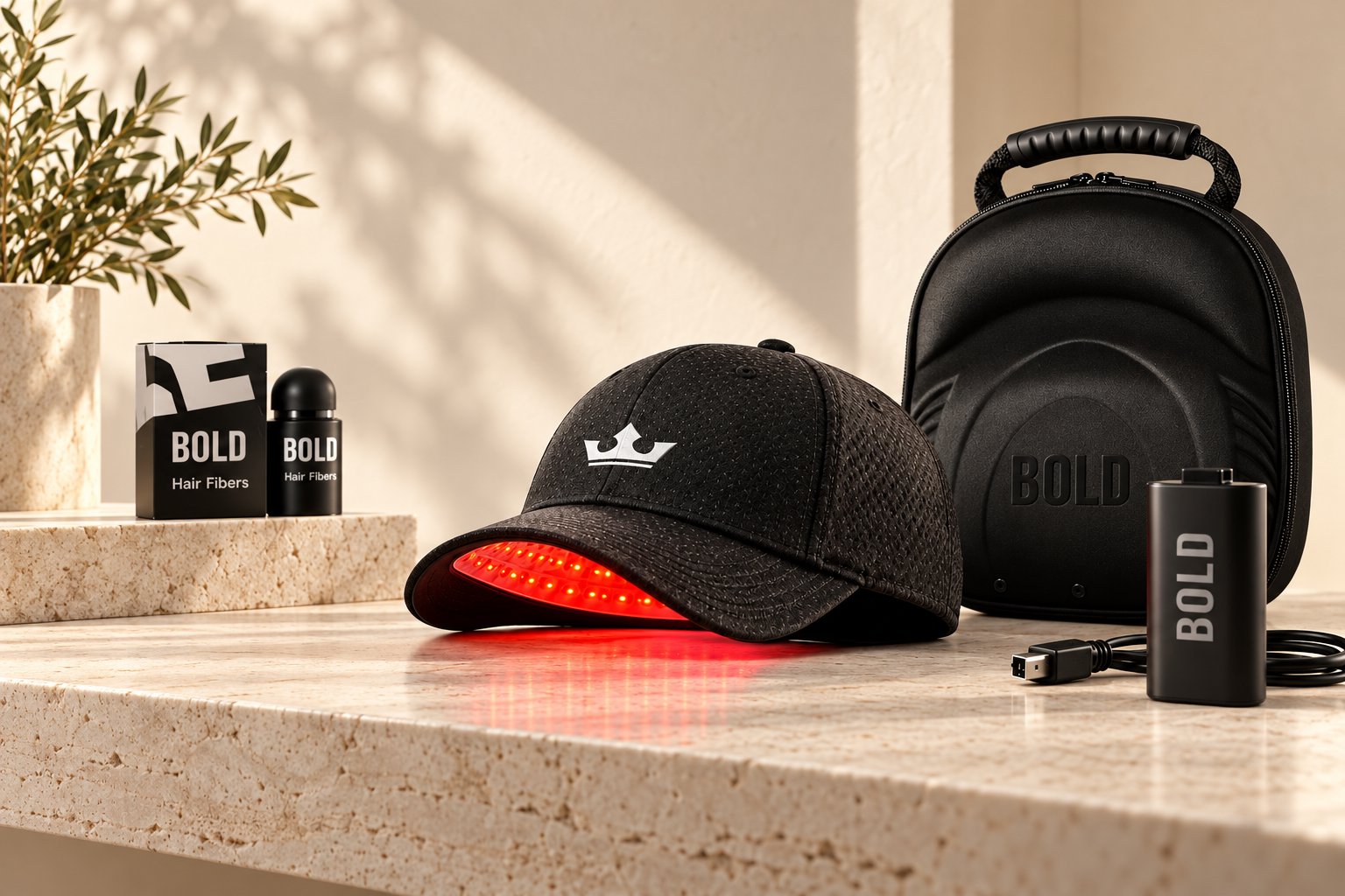 Crown-branded BOLD laser cap, carry case and battery on a warm stone console
