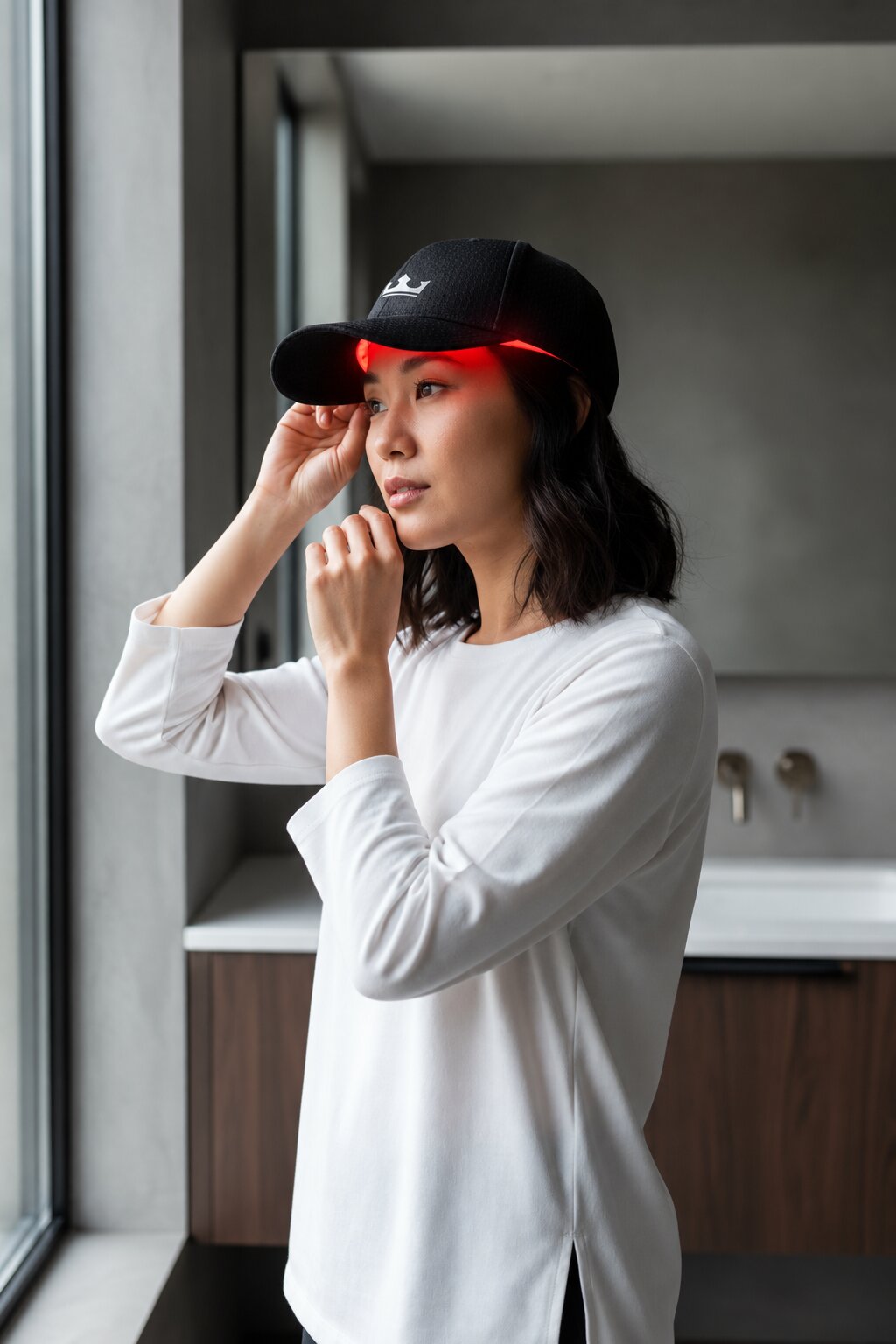 Lifestyle of a woman wearing a black cap at home