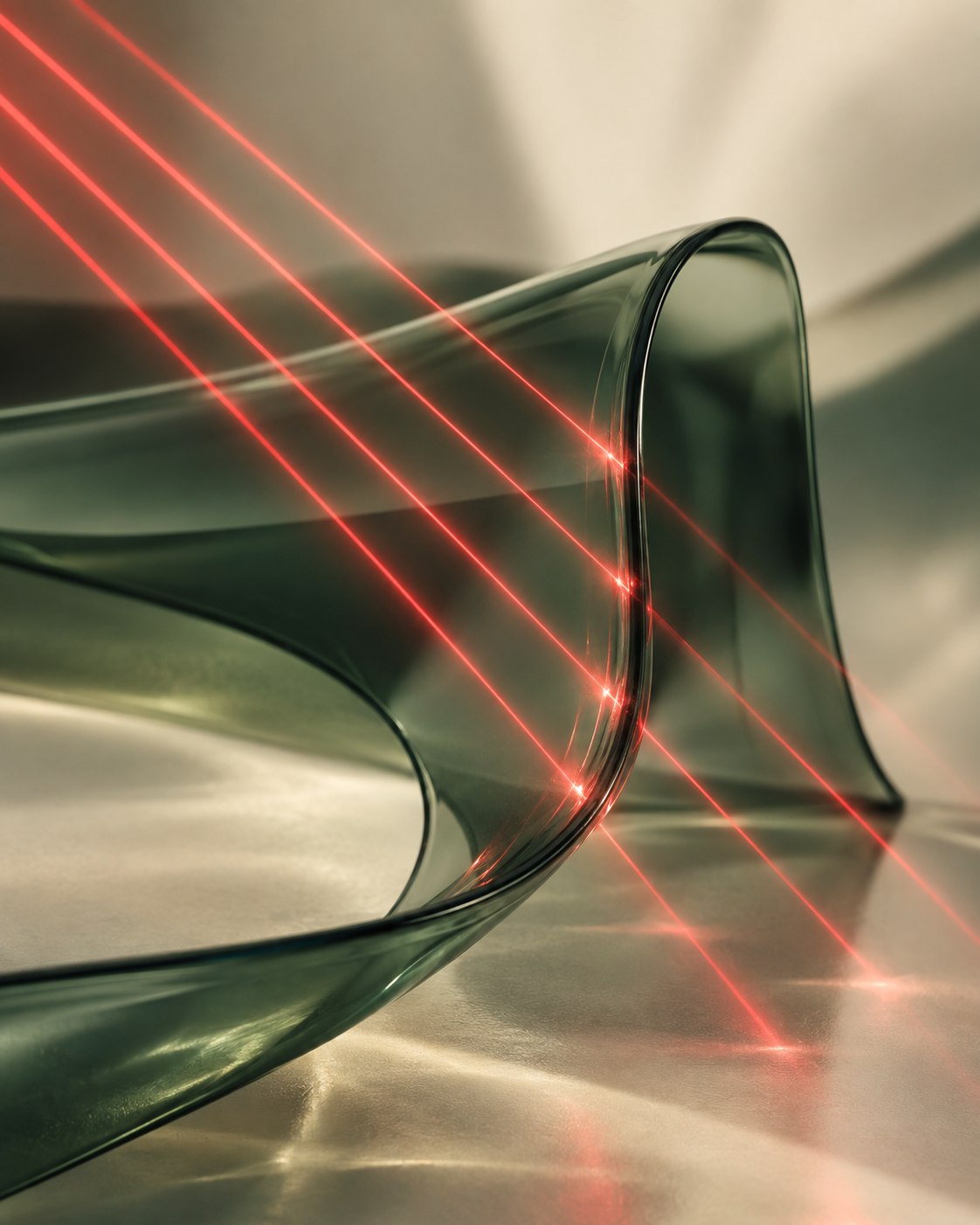 Abstract red laser beams across sculptural green glass in a warm cream setting