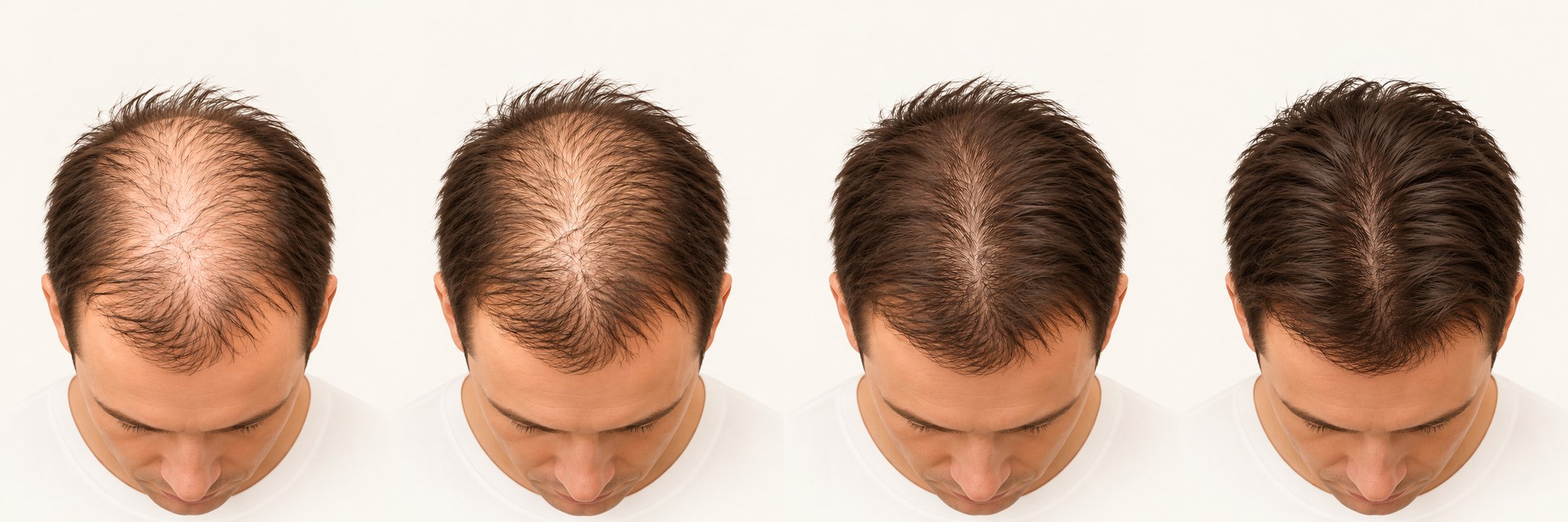 Illustrative hair-coverage stage 1 of 4, fully framed overhead view